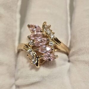 Vintage Faux Pink Tourmaline & White Crystals Yellow Gold Plated Ring Size 10